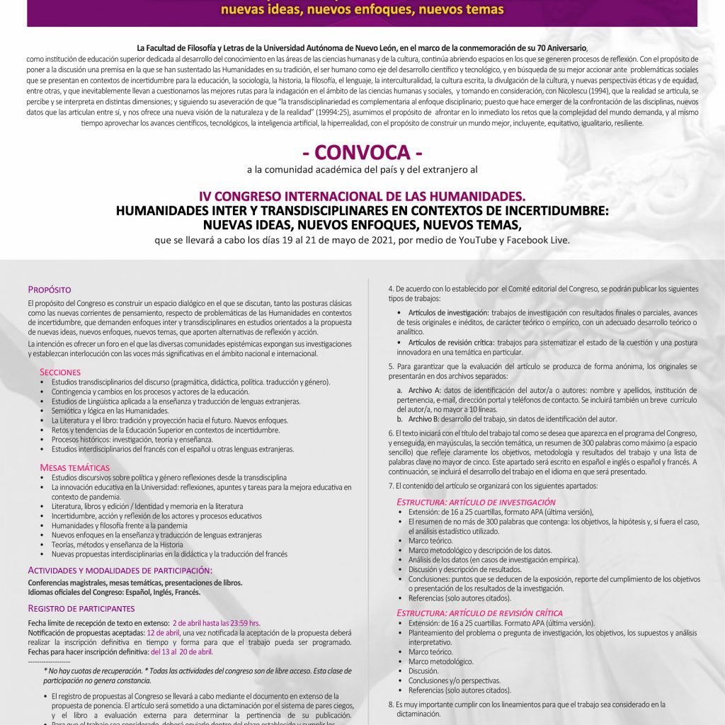 Convocatoria para el Congreso Internacional de Humanidades 2021