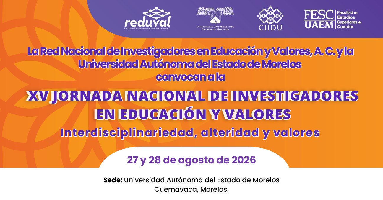 Flyer de la XV Jornada Nacional de Investigadores en Educación y Valores 2026 organizada por REDUVAL y la Universidad Autónoma del Estado de Morelos