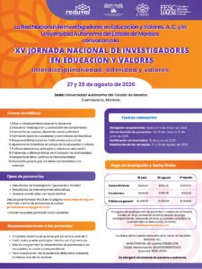 Flyer de la XV Jornada Nacional de Investigadores en Educación y Valores 2026 organizada por REDUVAL y la Universidad Autónoma del Estado de Morelos